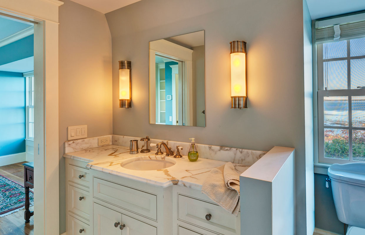 white wooden vanity in a bathroom