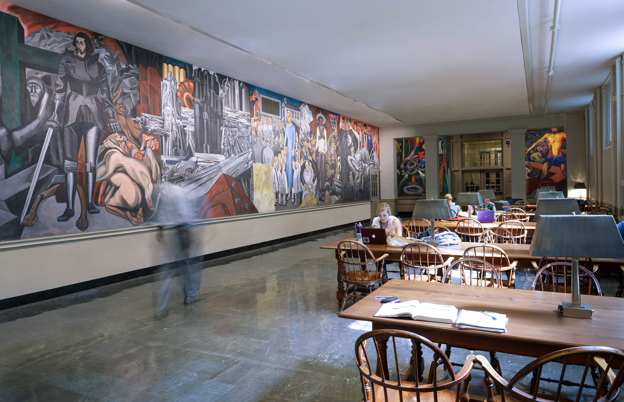 long corridor with a mural at Dartmouth College