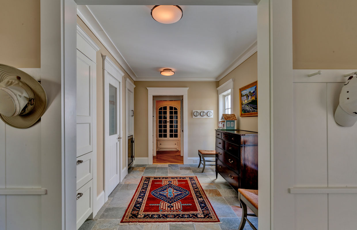 long mudroom view from the inside facing the front door