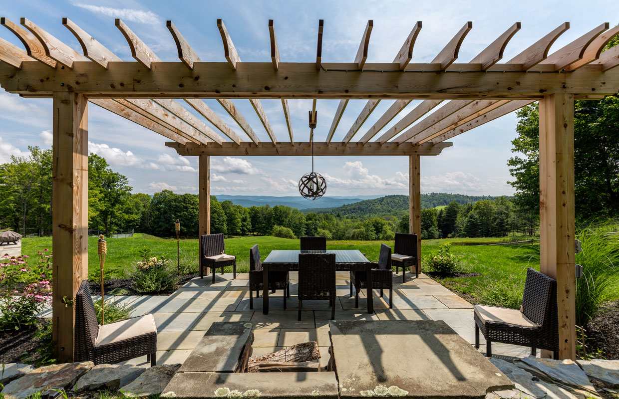 mountain view from under a pergola