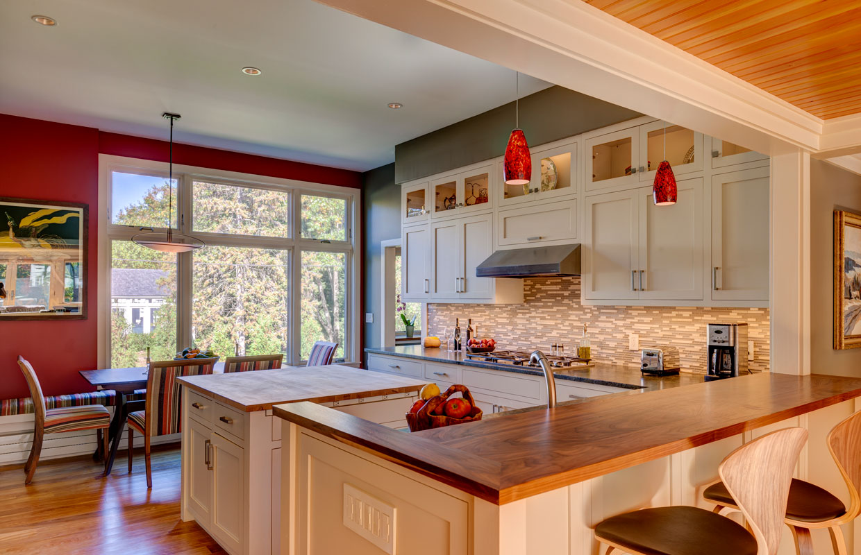 large kitchen with red walls