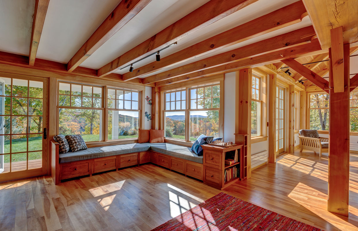 window seating with exposed beams