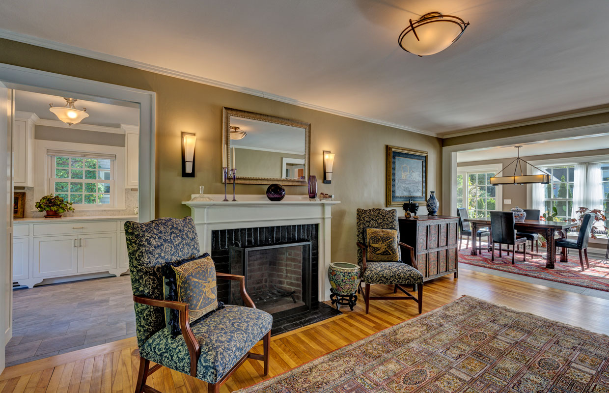 living room with a fireplace