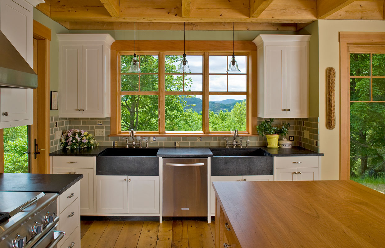 kitchen with island and windows over the sink