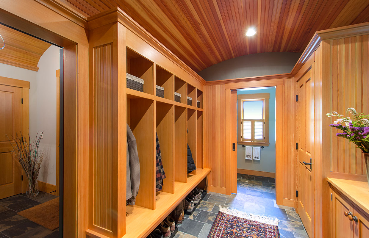 mudroom with cubbies for clothes and boots