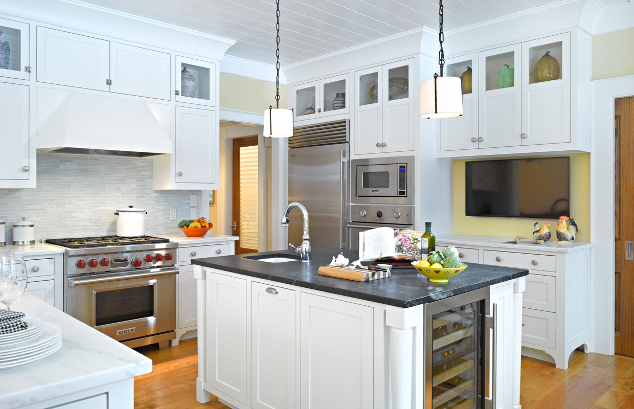 kitchen with a large stone island